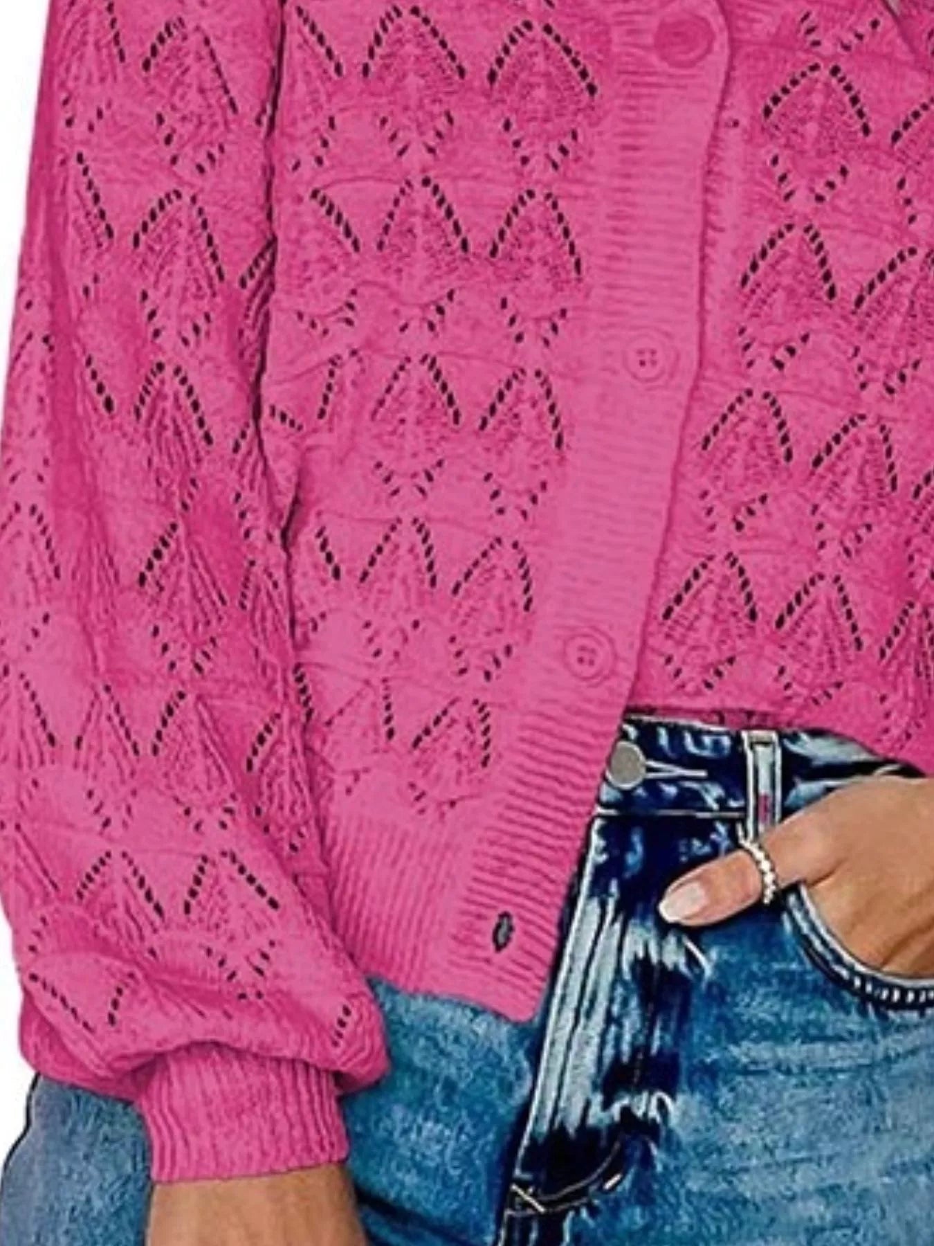 Trendsi Chic V-Neck Openwork Button-Down Knit Cardigan -
