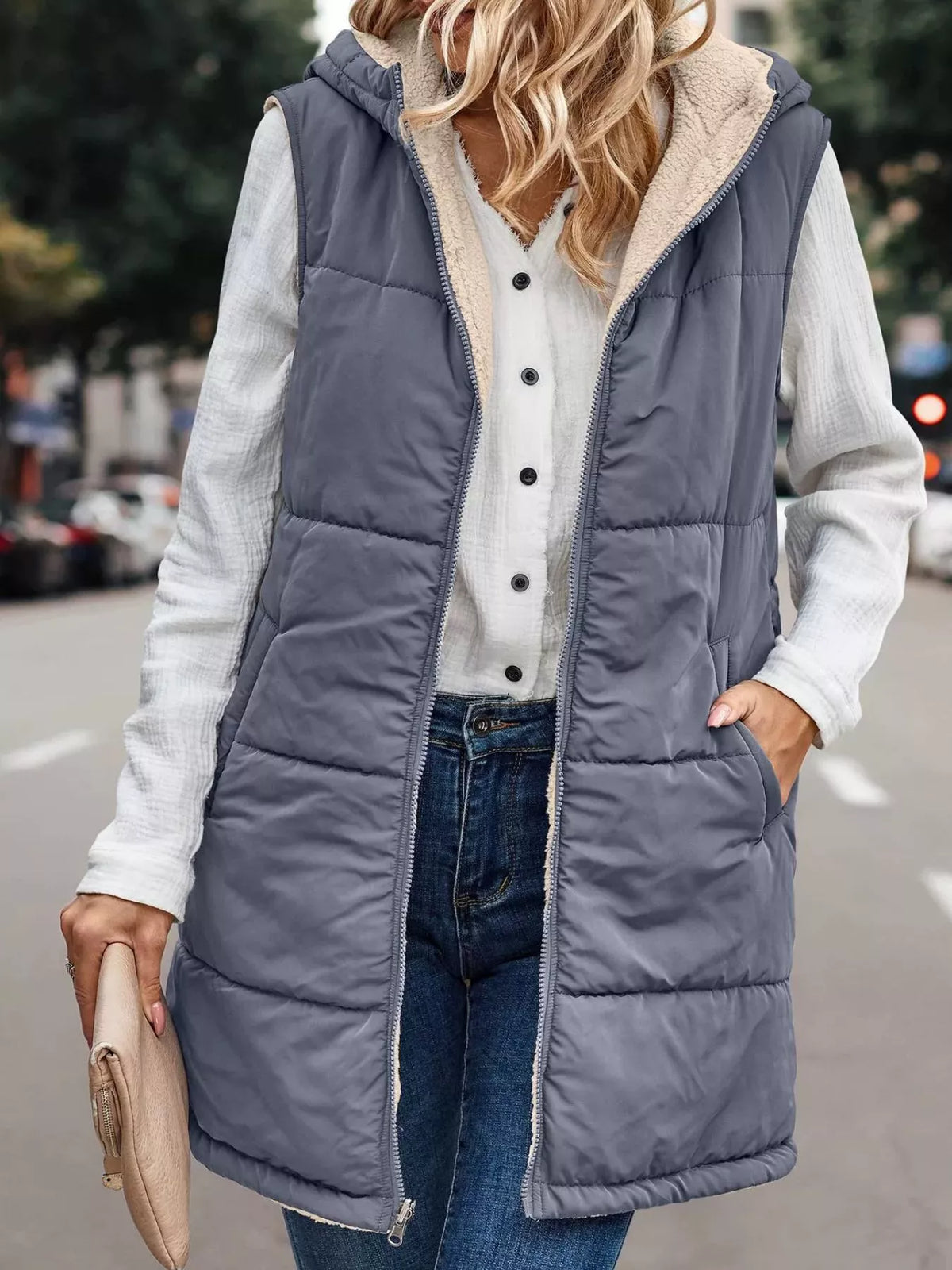 Blue-gray hooded sherpa-lined puffer vest