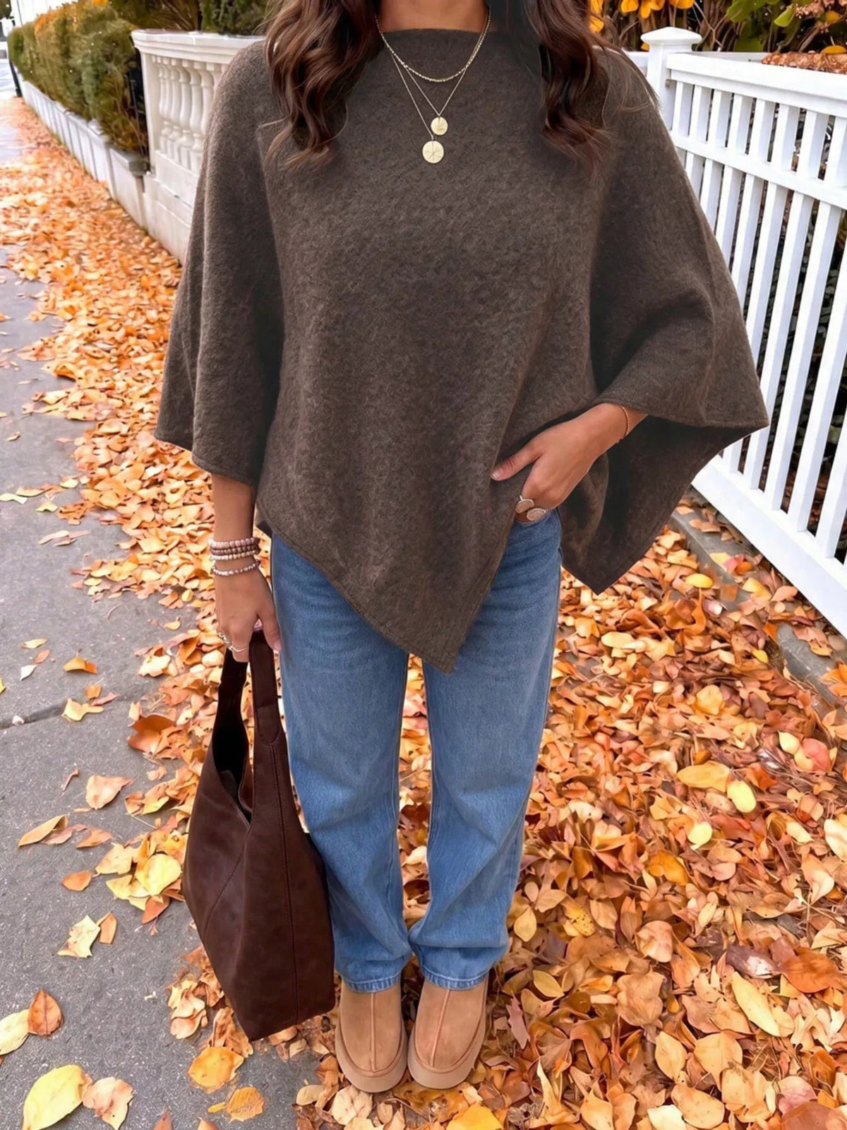 Brown Oversized Round Neck Cape Sweater, front view