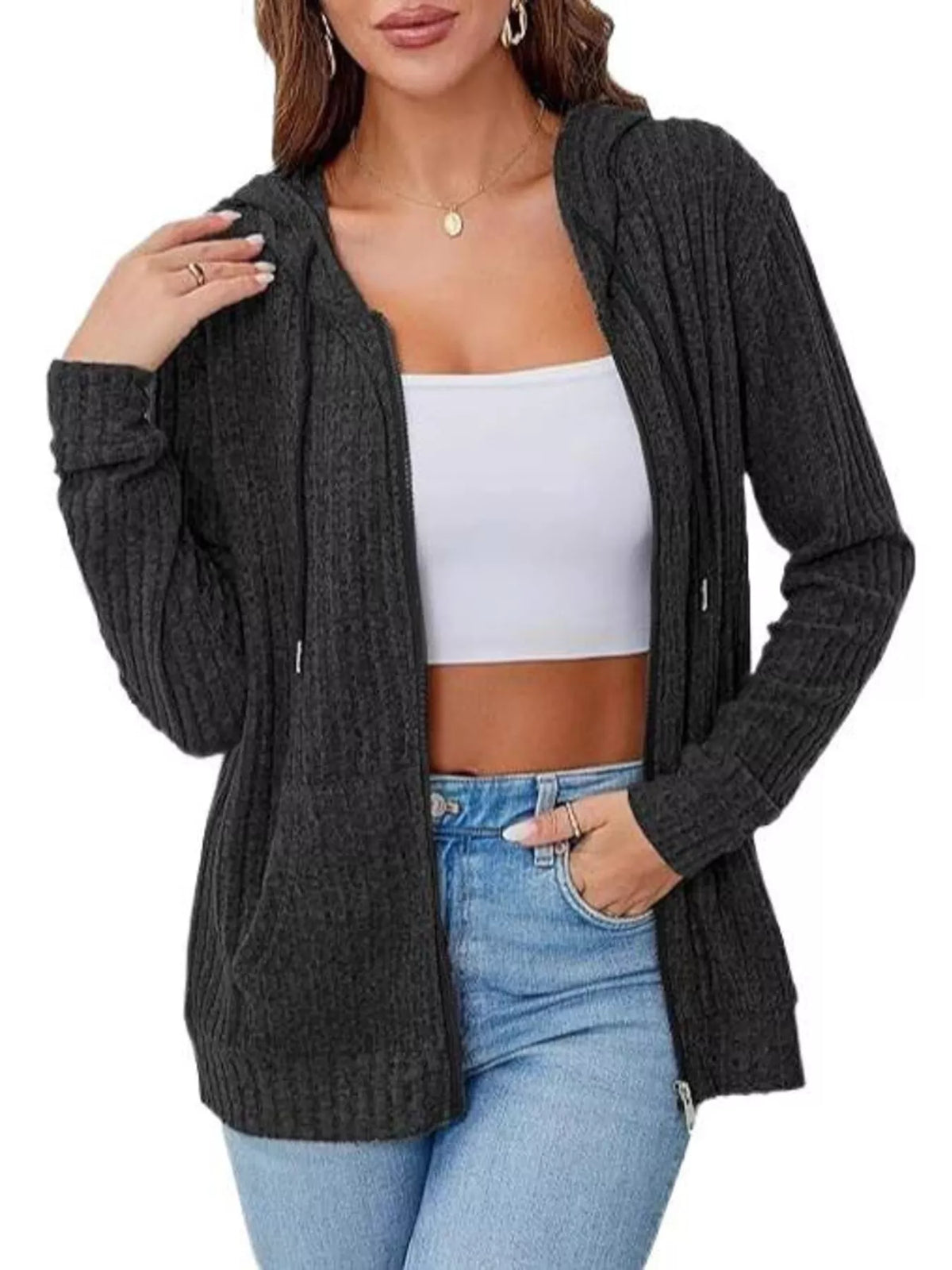 Charcoal ribbed knit zip-up hooded cardigan