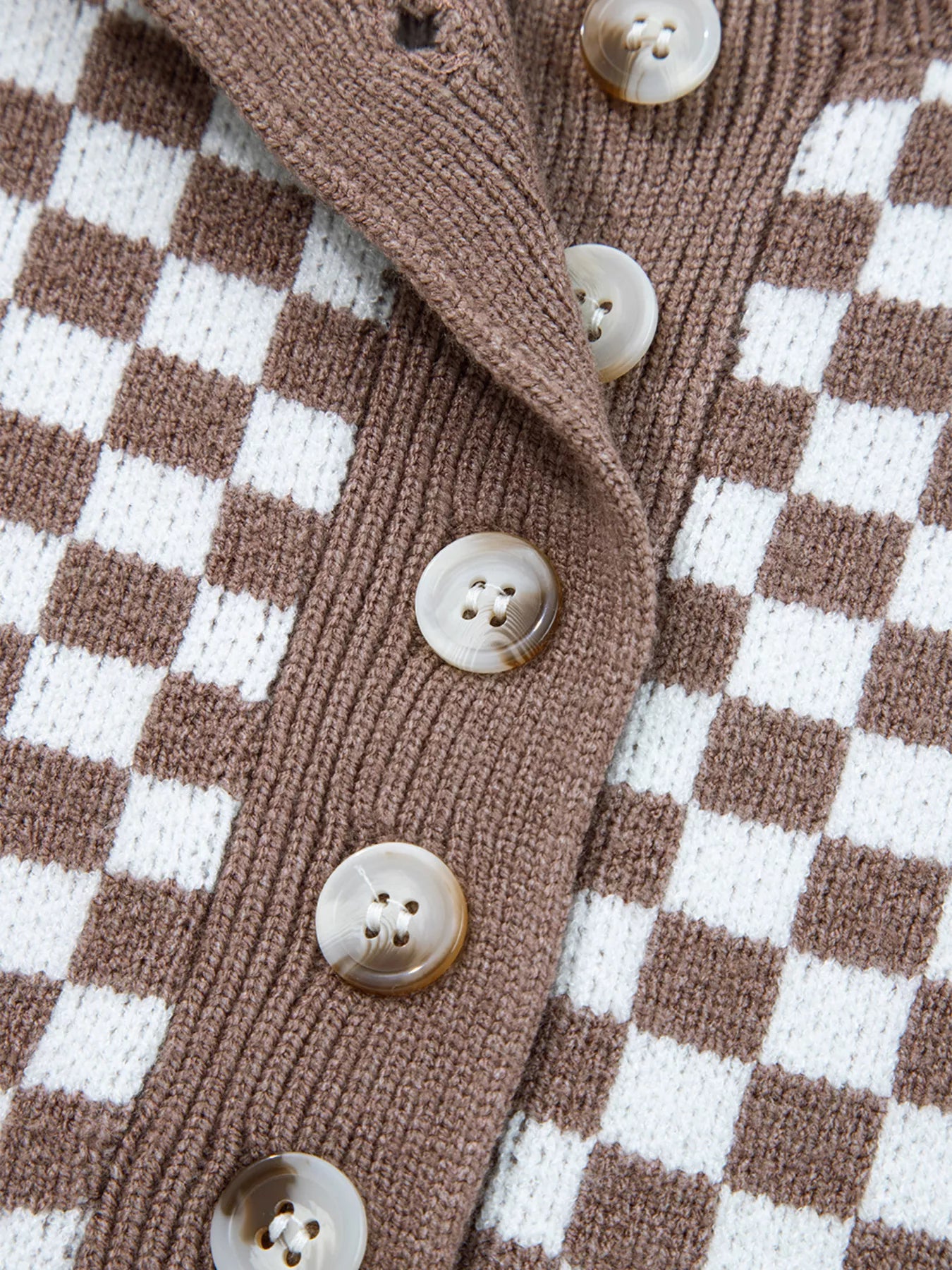 Trendsi Half Button Ribbed Trim Checkerboard Knit Sweater -