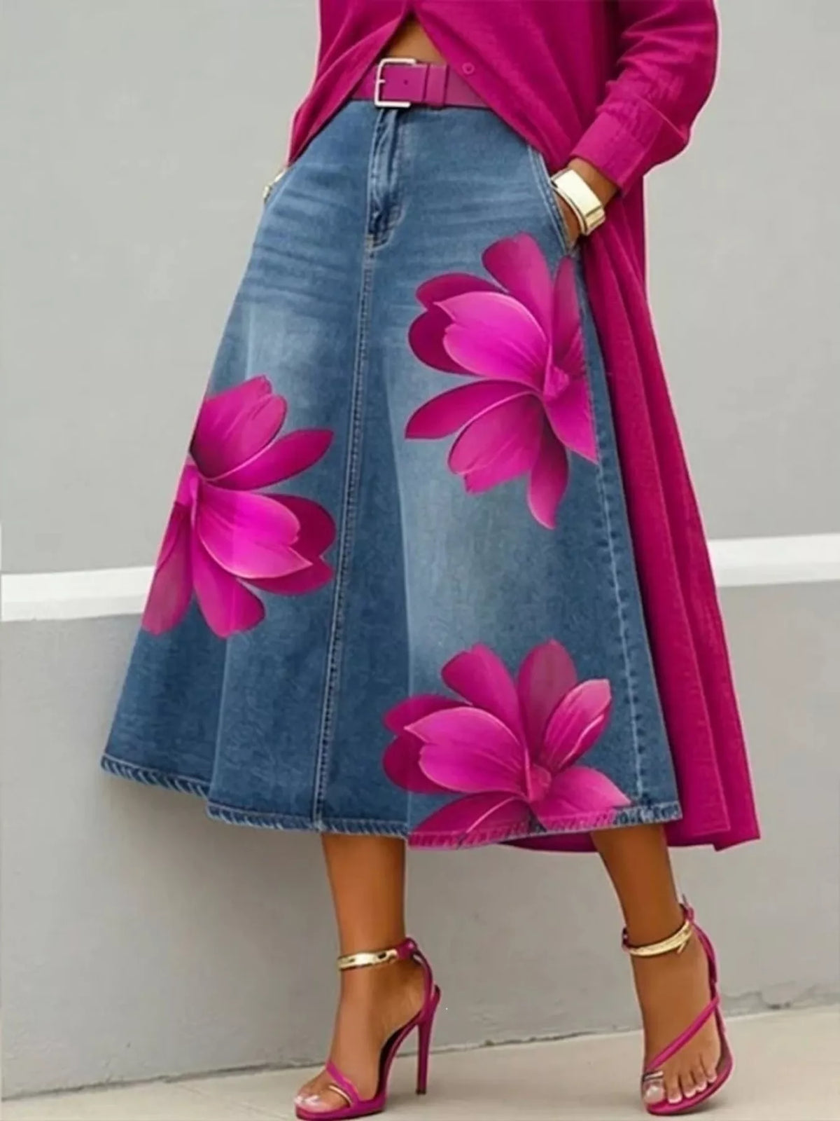 Pink floral floral print a-line midi skirt — front view