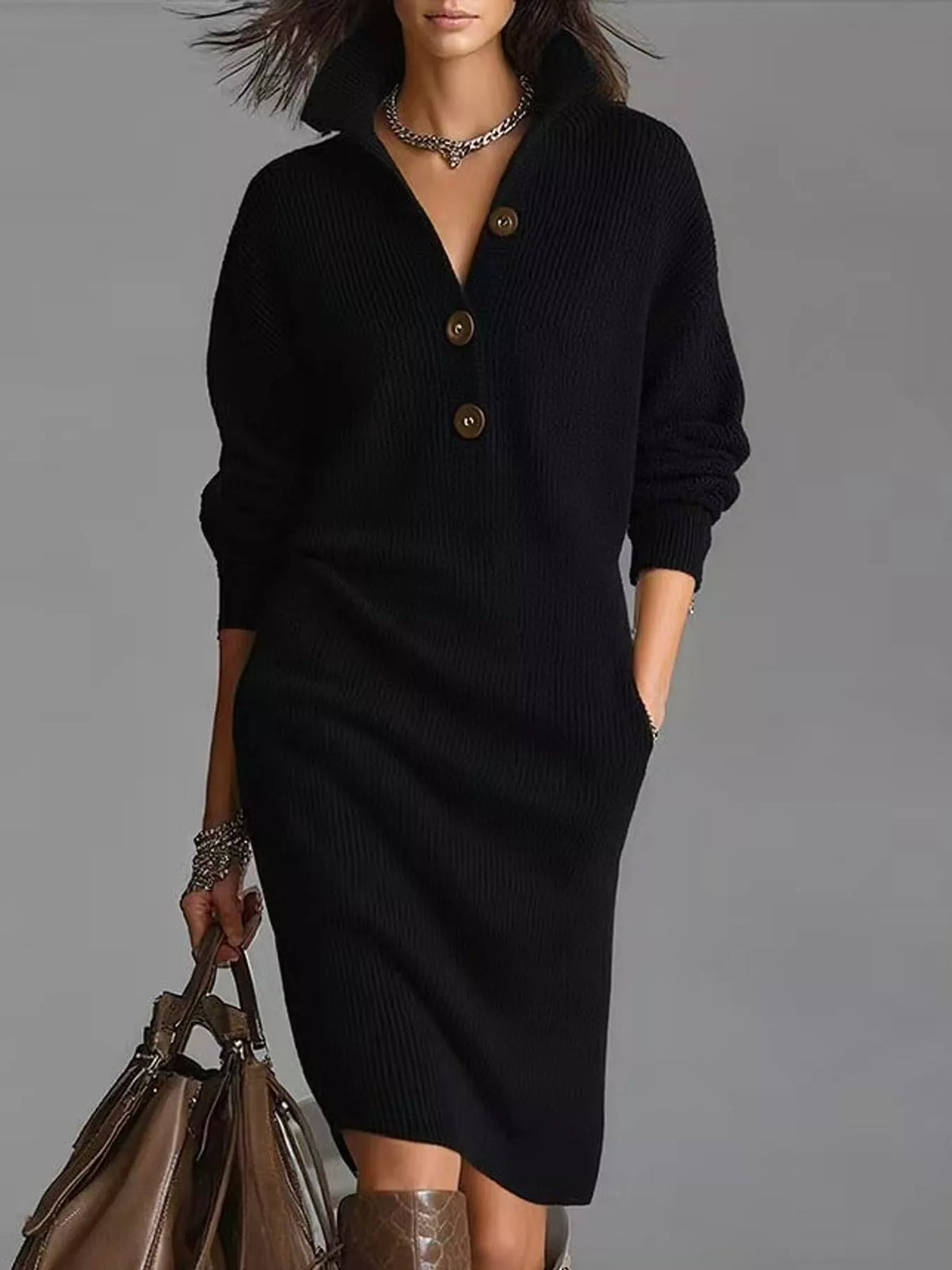 Collared long sleeve knee dress, front view on model