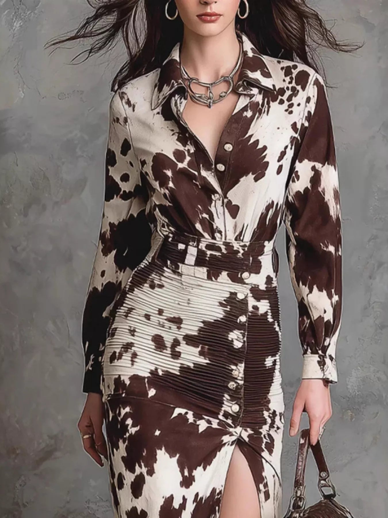 Trendsi Cow Print Ruched Slit Shirt Maxi Dress -
