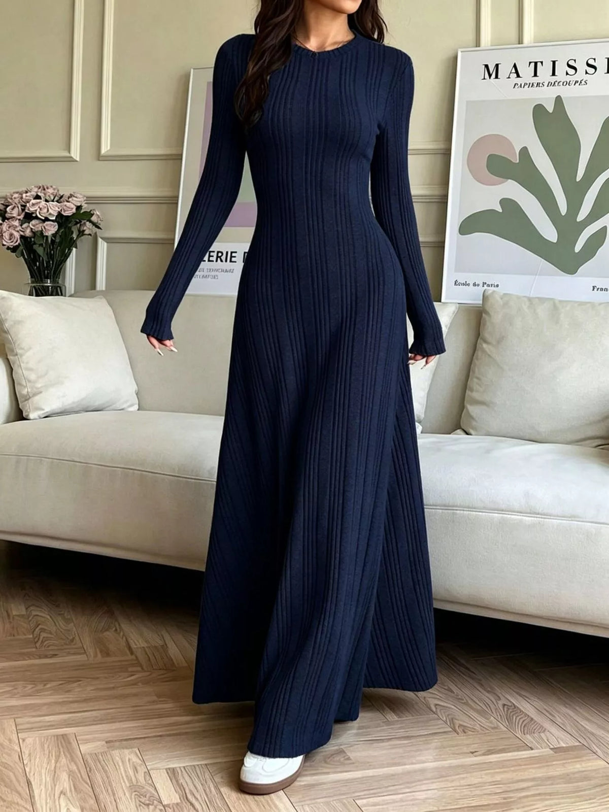 Navy ribbed long-sleeve dress, front view
