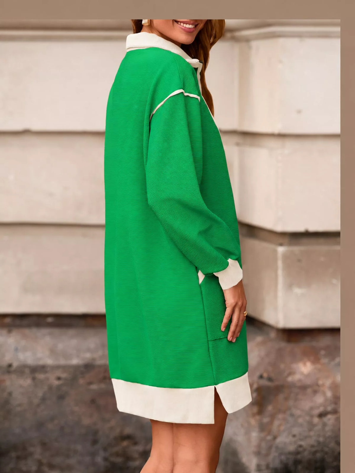 Green color block quarter-zip sweatshirt dress — back view