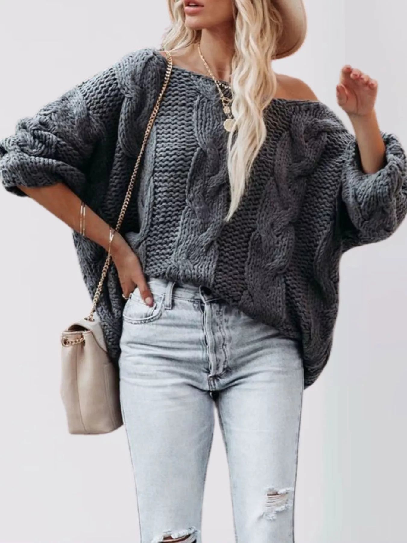 Trendsi Chunky Cable Knit Long Sleeve Sweater -