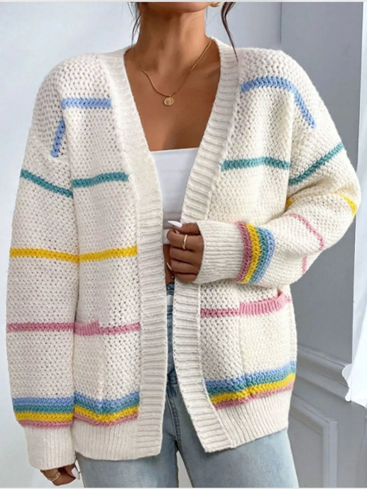 Cream with multicolored stripes striped open front knit cardigan