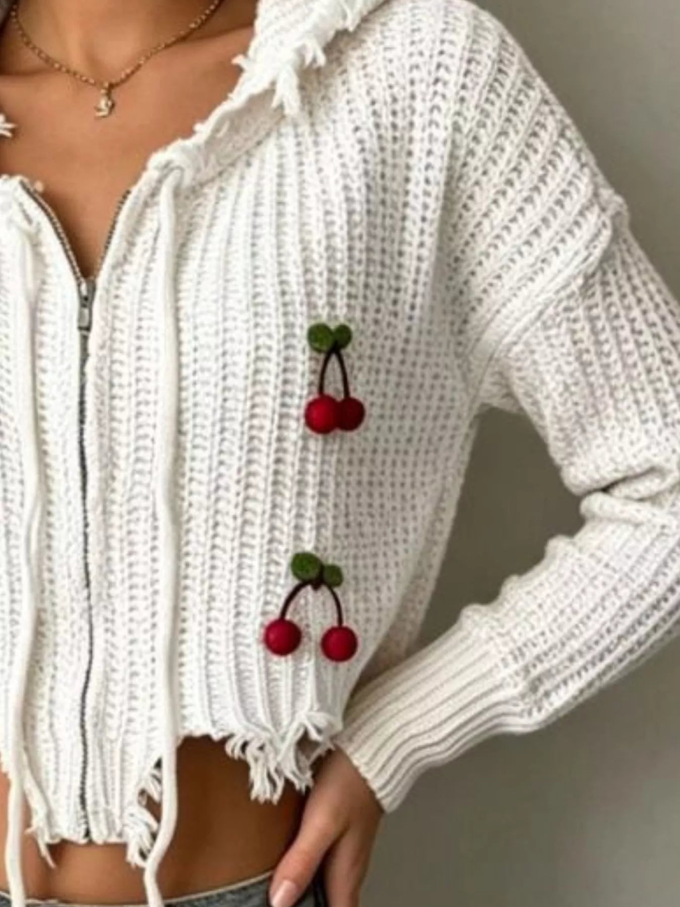 Trendsi Cherry Knit Zip-Up Hooded Sweater -