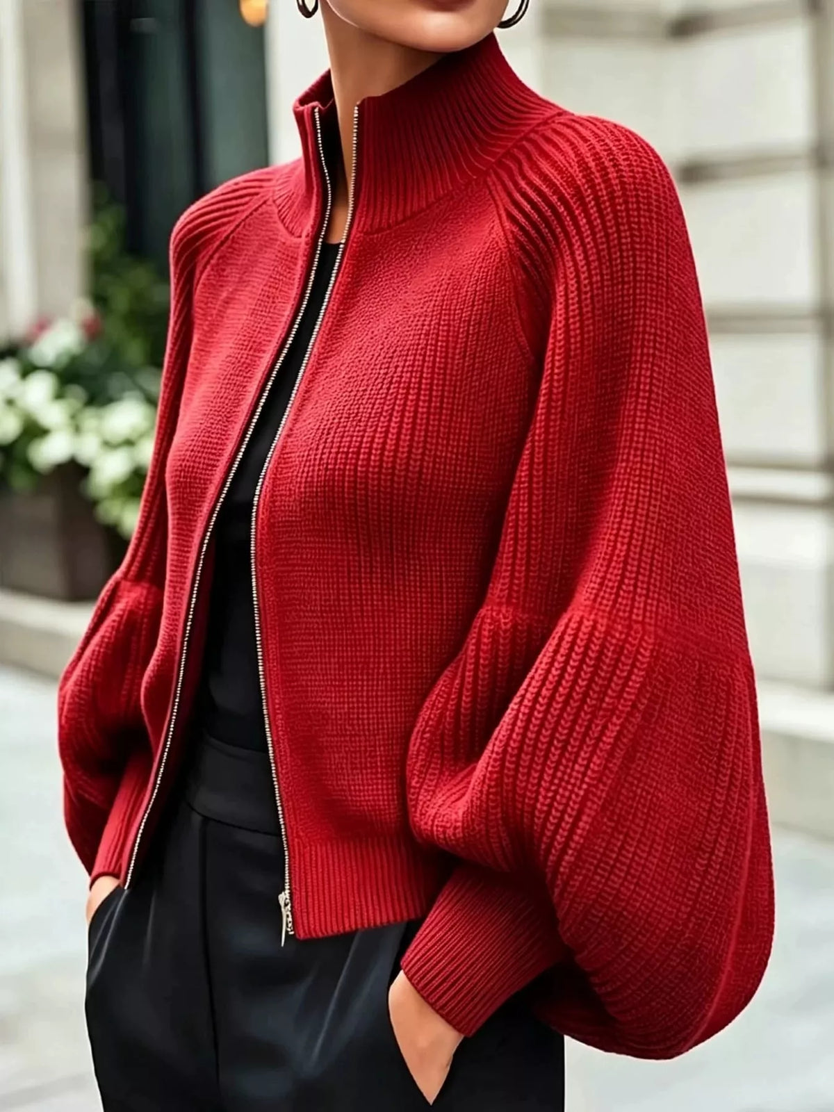 Red ribbed knit zip-up lantern sleeve cardigan