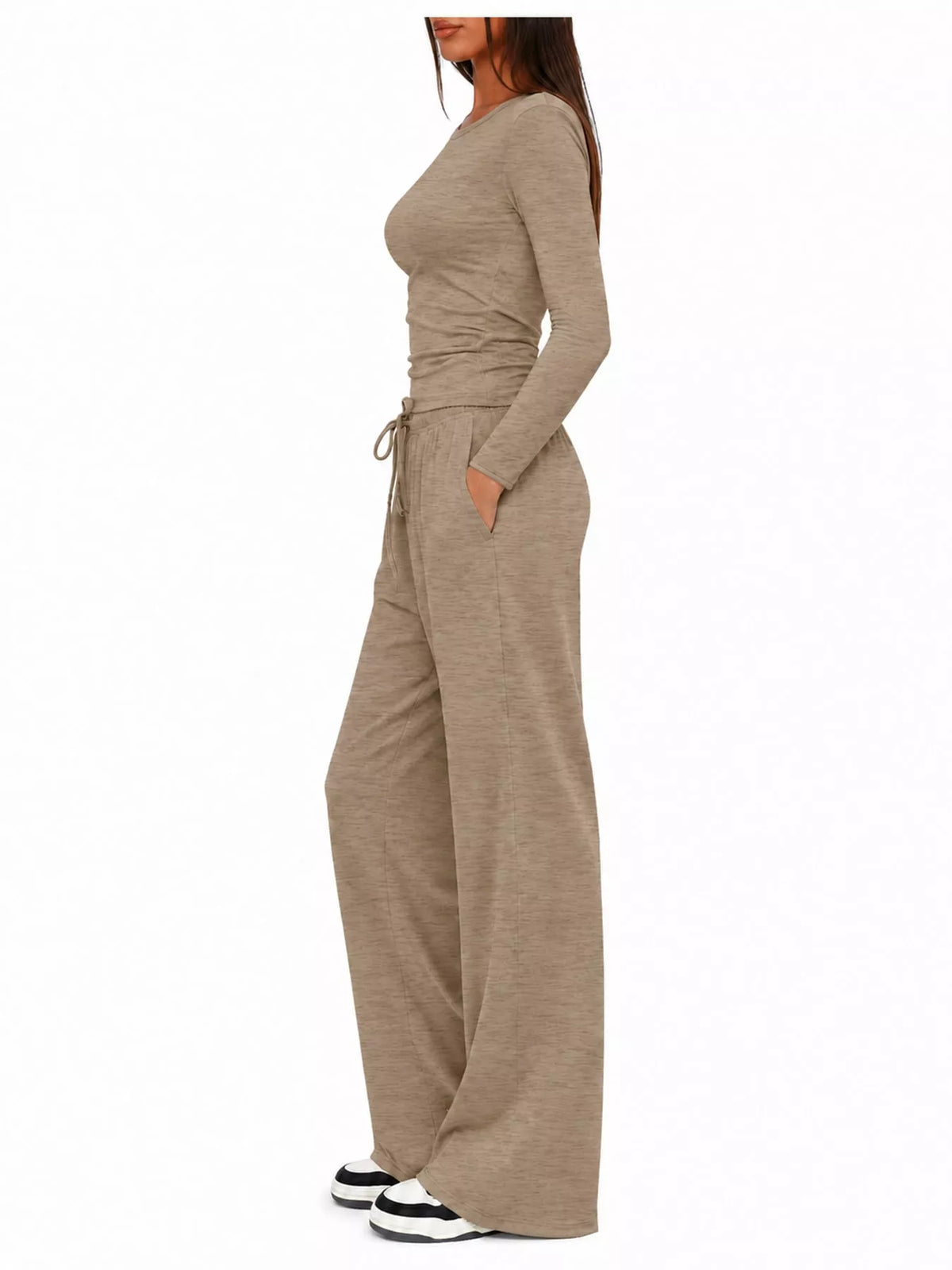 Long Sleeve Ruched Top and Wide-Leg Drawstring Pants Set — side view