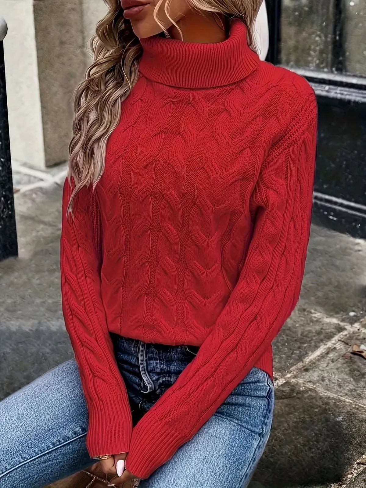 Women's Cable-Knit Turtleneck Sweater in Royal Blue, alternate view