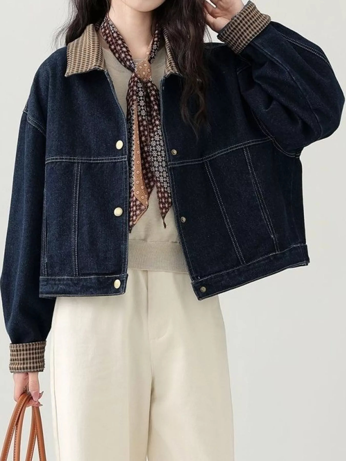 Snap-Front Plaid Collar Denim Jacket — front view