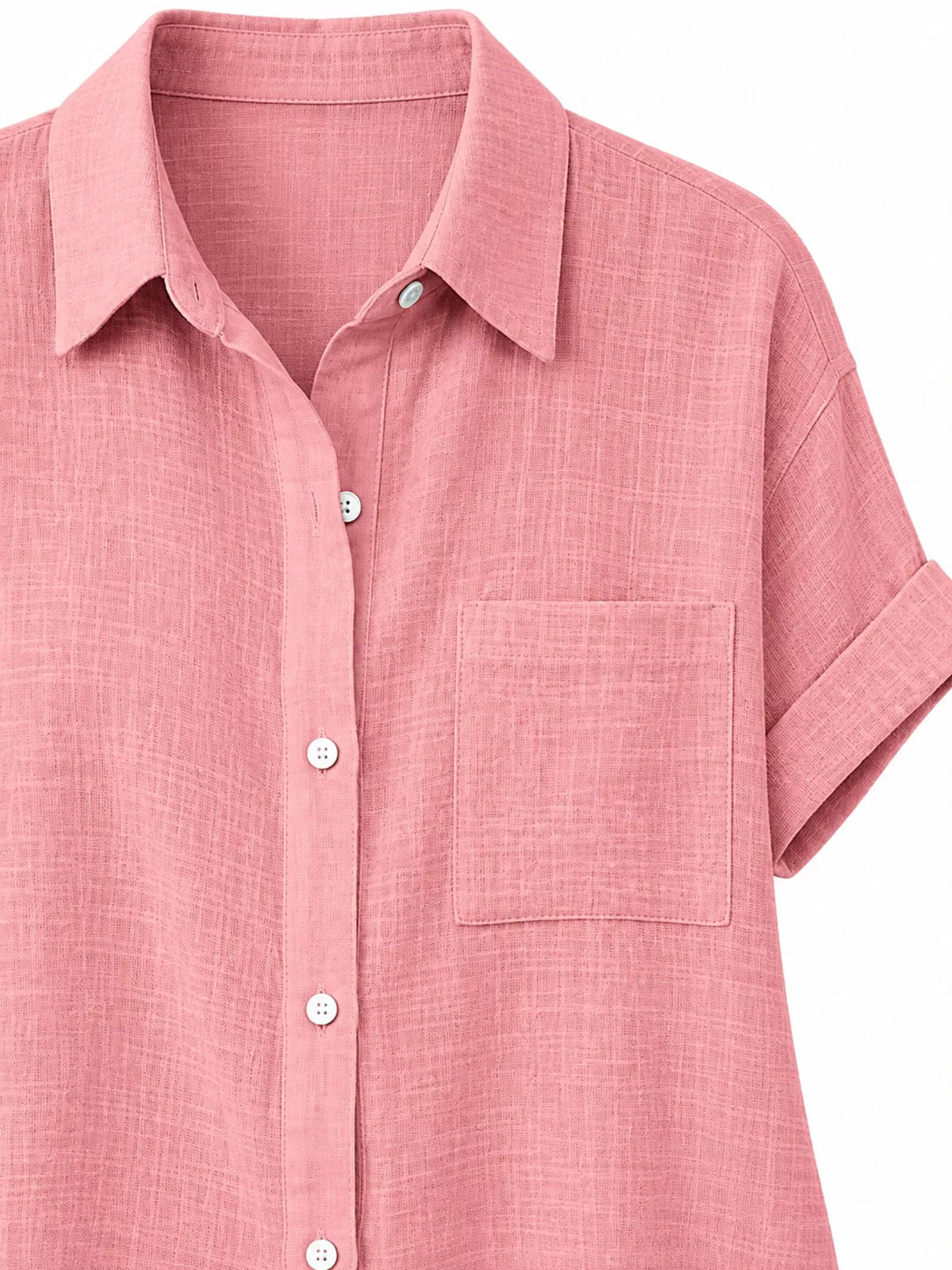 Women's Button Up Short Sleeve Shirt in pink — collar detail view