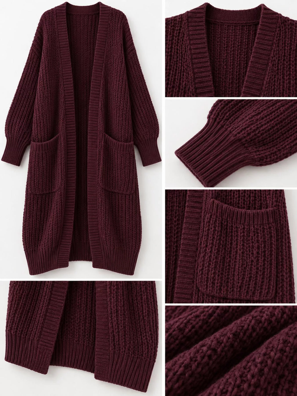 Longline knit cardigan, burgundy detail collage