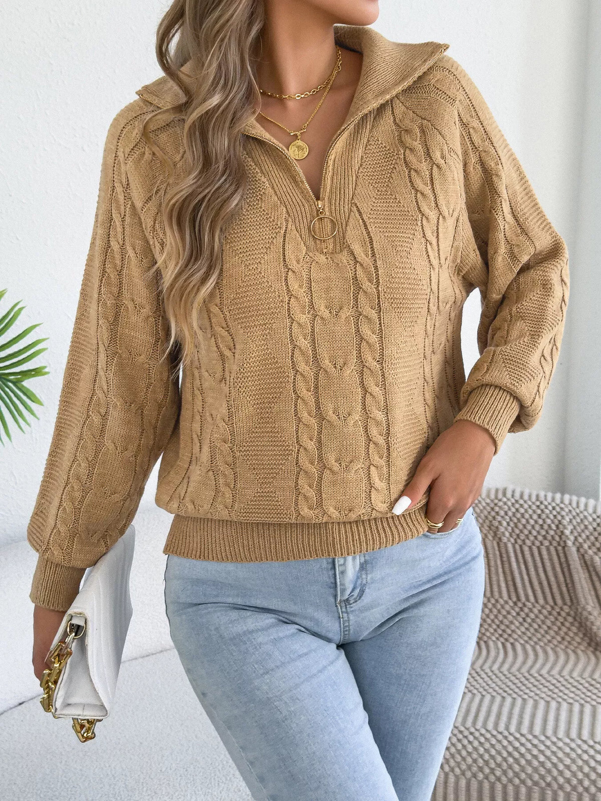 Khaki quarter-zip cable knit sweater