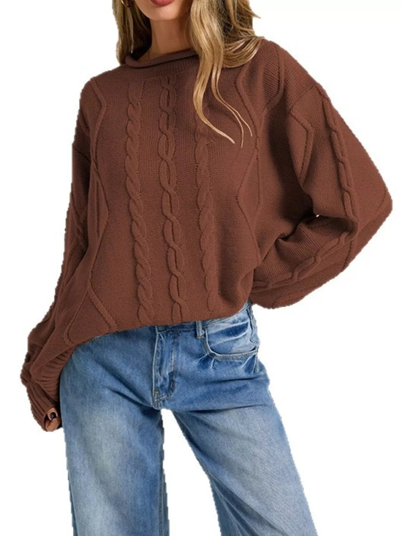 Trendsi Cable Knit Ribbed Hem Sweater -