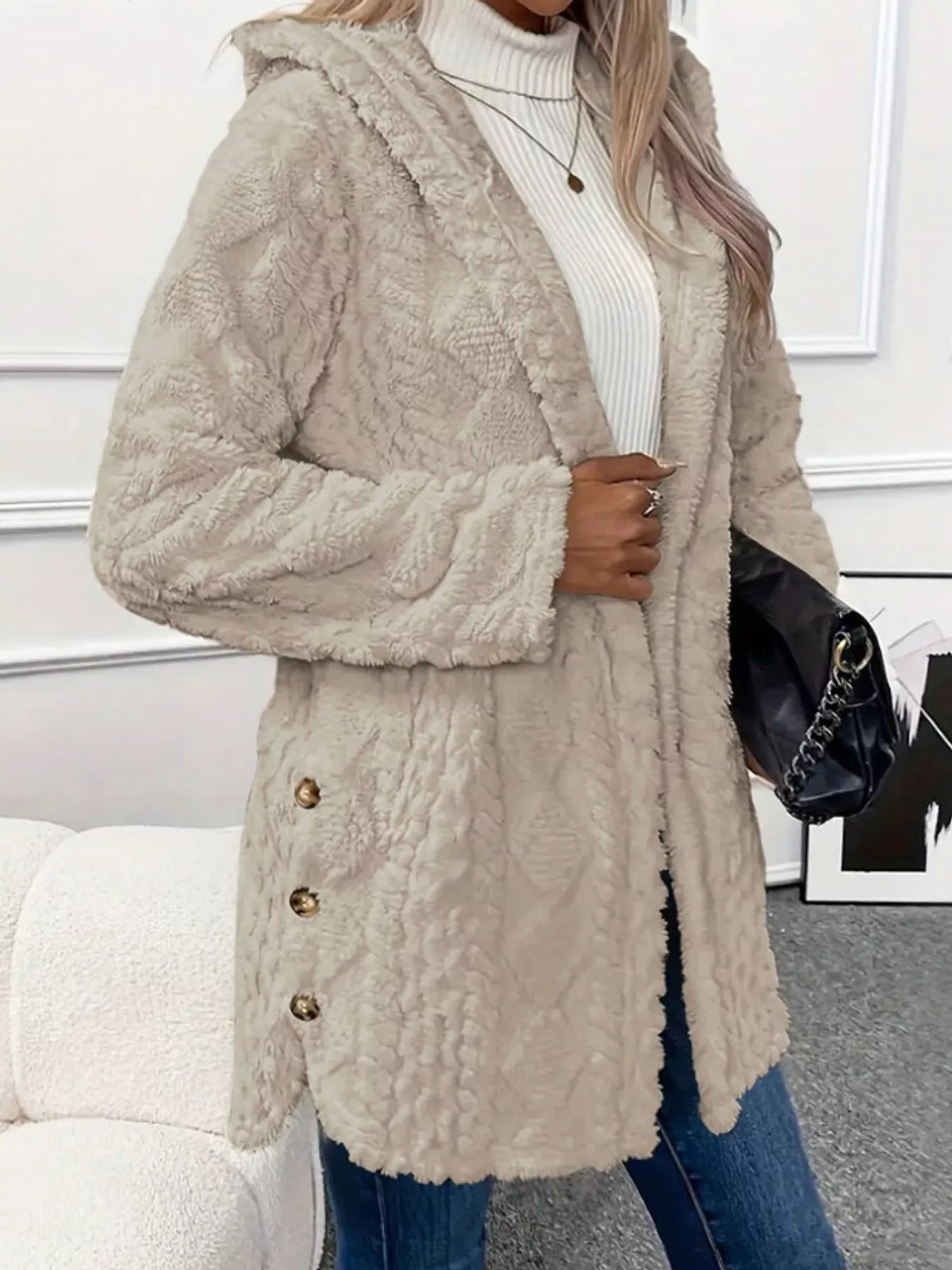 Beige cable knit faux fur hooded jacket