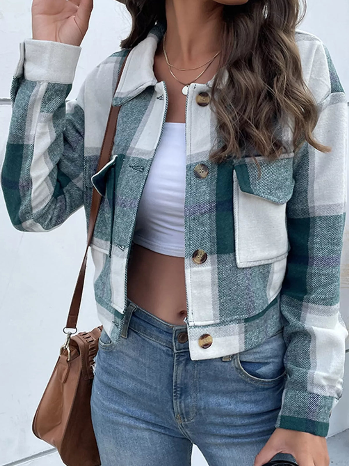 Green plaid button-up cropped jacket