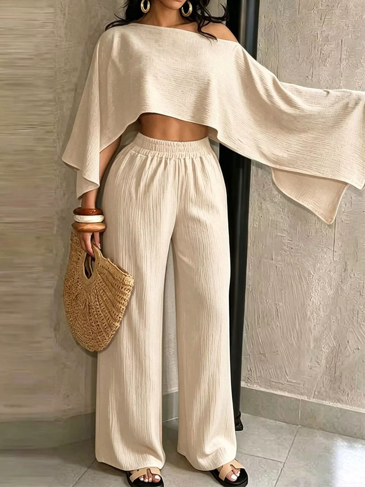 Women's Boat Neck Crop Top and Wide-Leg Pants Set in cream — front view