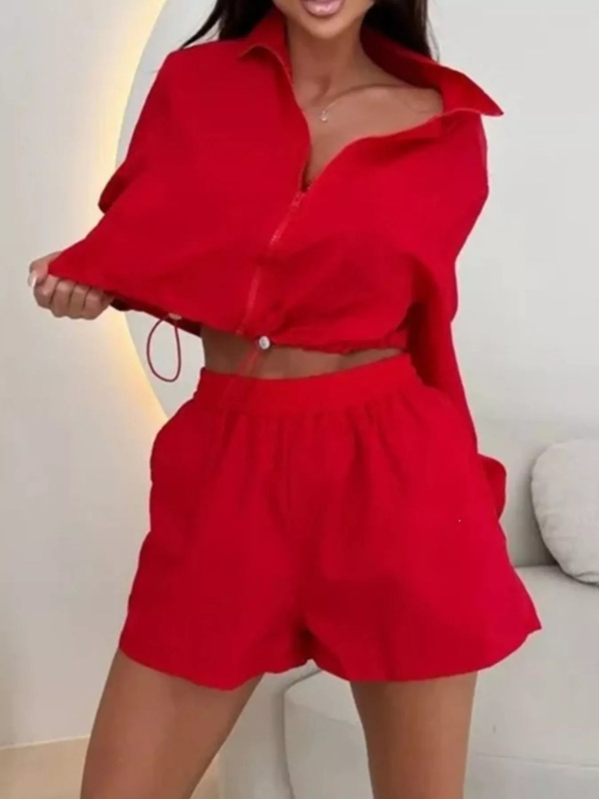 Trendsi Zip-Up Crop Jacket and High-Waisted Shorts Set -