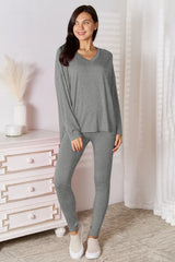Trendsi Basic Bae Bamboo Full Size V-Neck Long Sleeve Top and Pants Lounge Set - Pants