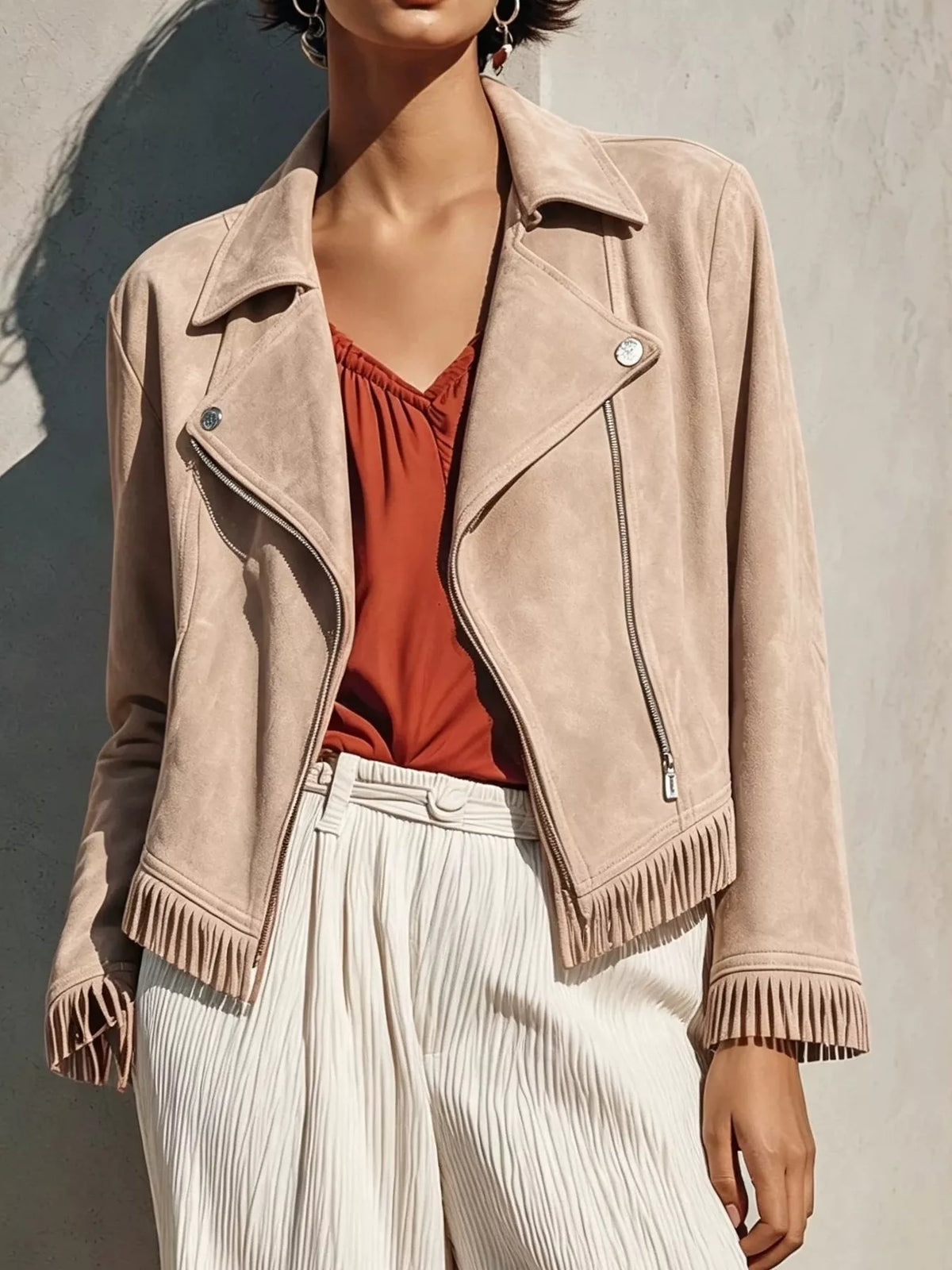 Apricot fringe hem zip up jacket