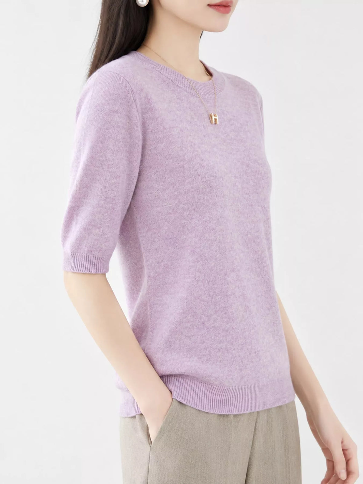 Pink Lavender round neck short-sleeve sweater