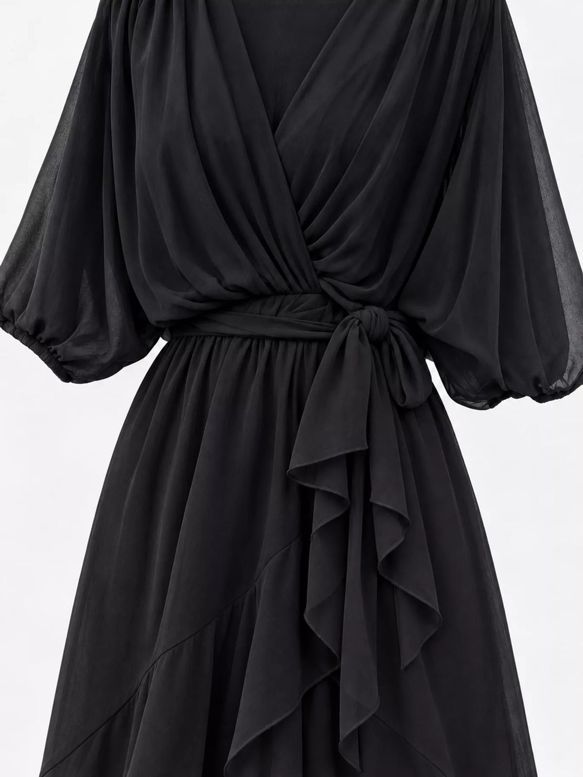 Black batwing sleeve wrap dress with waist tie, detail view