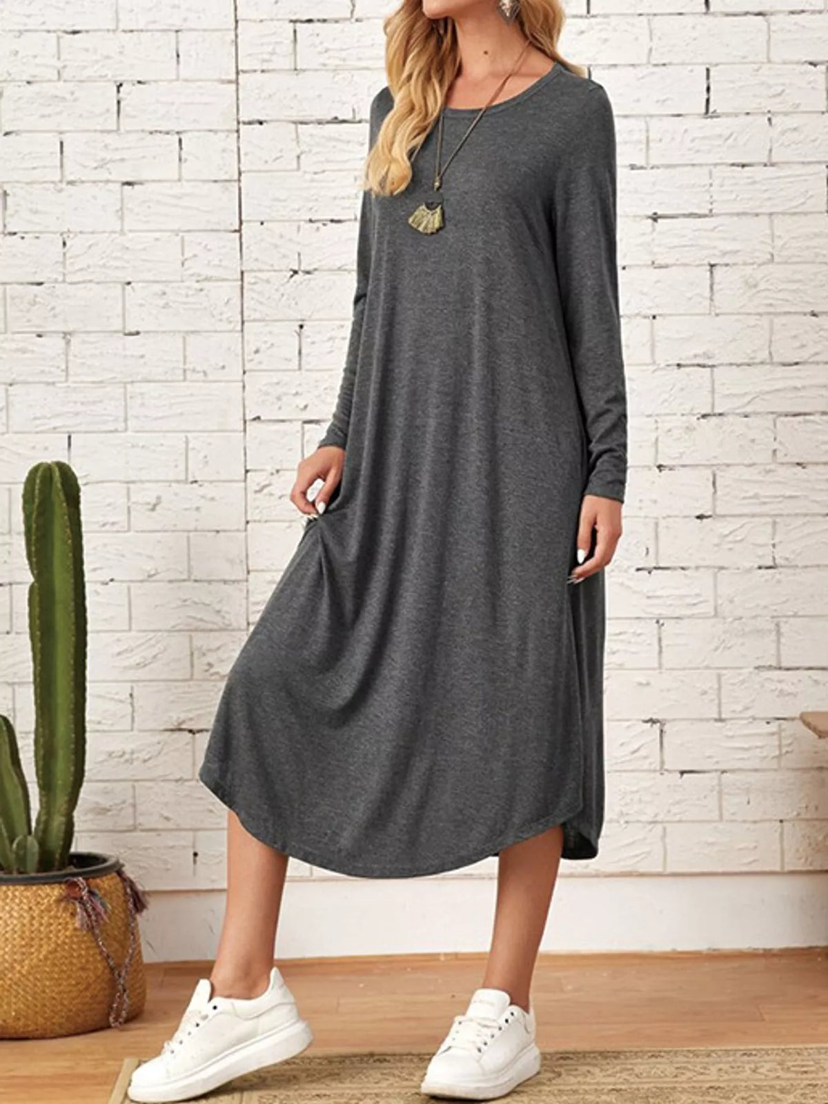 Round neck long sleeve midi dress, front view on model