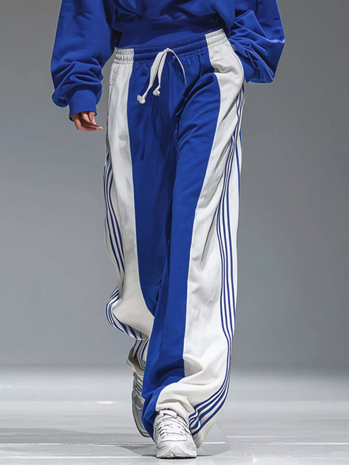 Blue And White Drawstring Hoodie and Color-Block Wide-Leg Pants Set wide-leg pants view