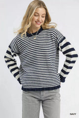 Trendsi Umgee Ruffle Neck Stripe Sweater -