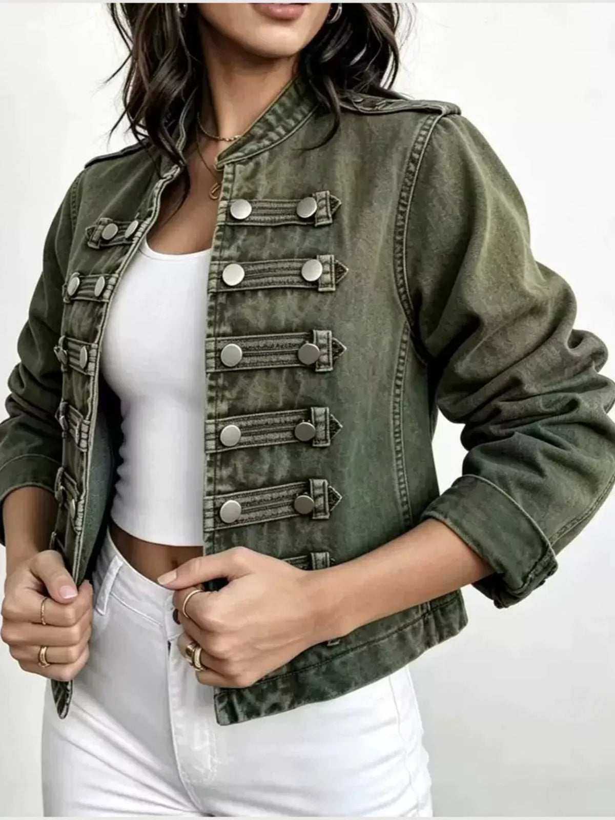 Decorative Button Cropped Denim Jacket — front view