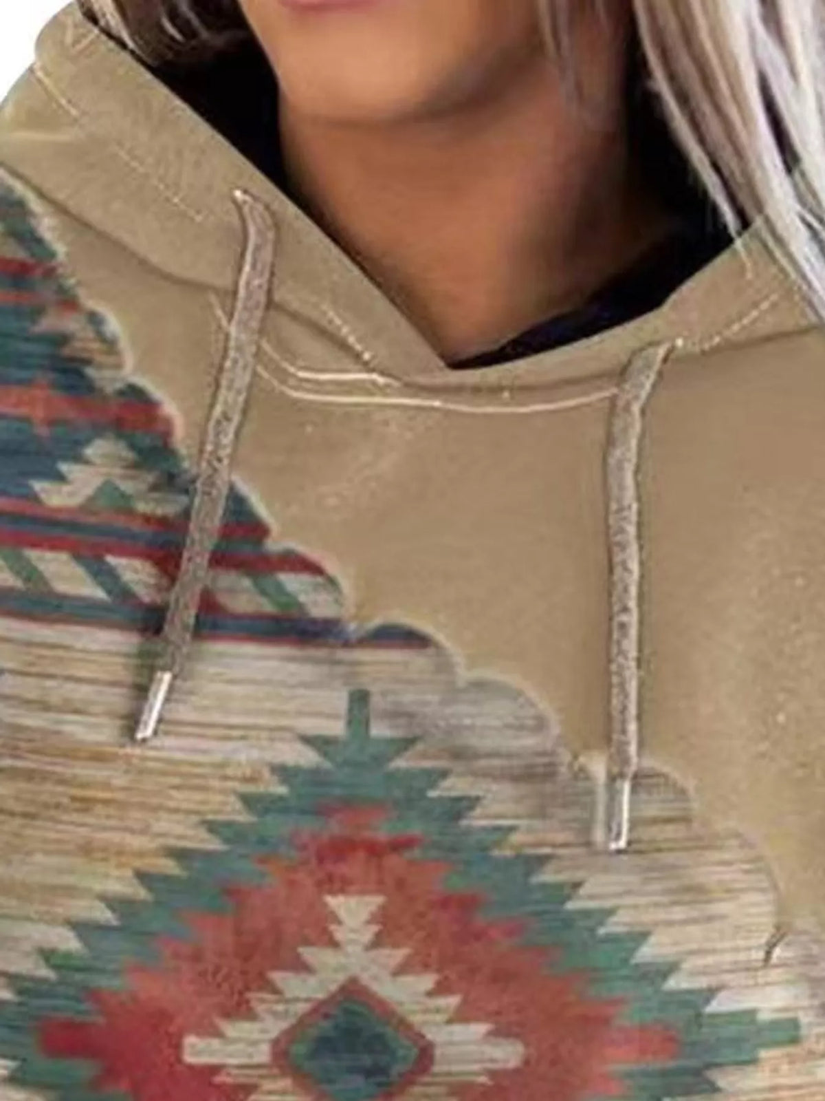 Aztec-print hoodie, beige neckline detail