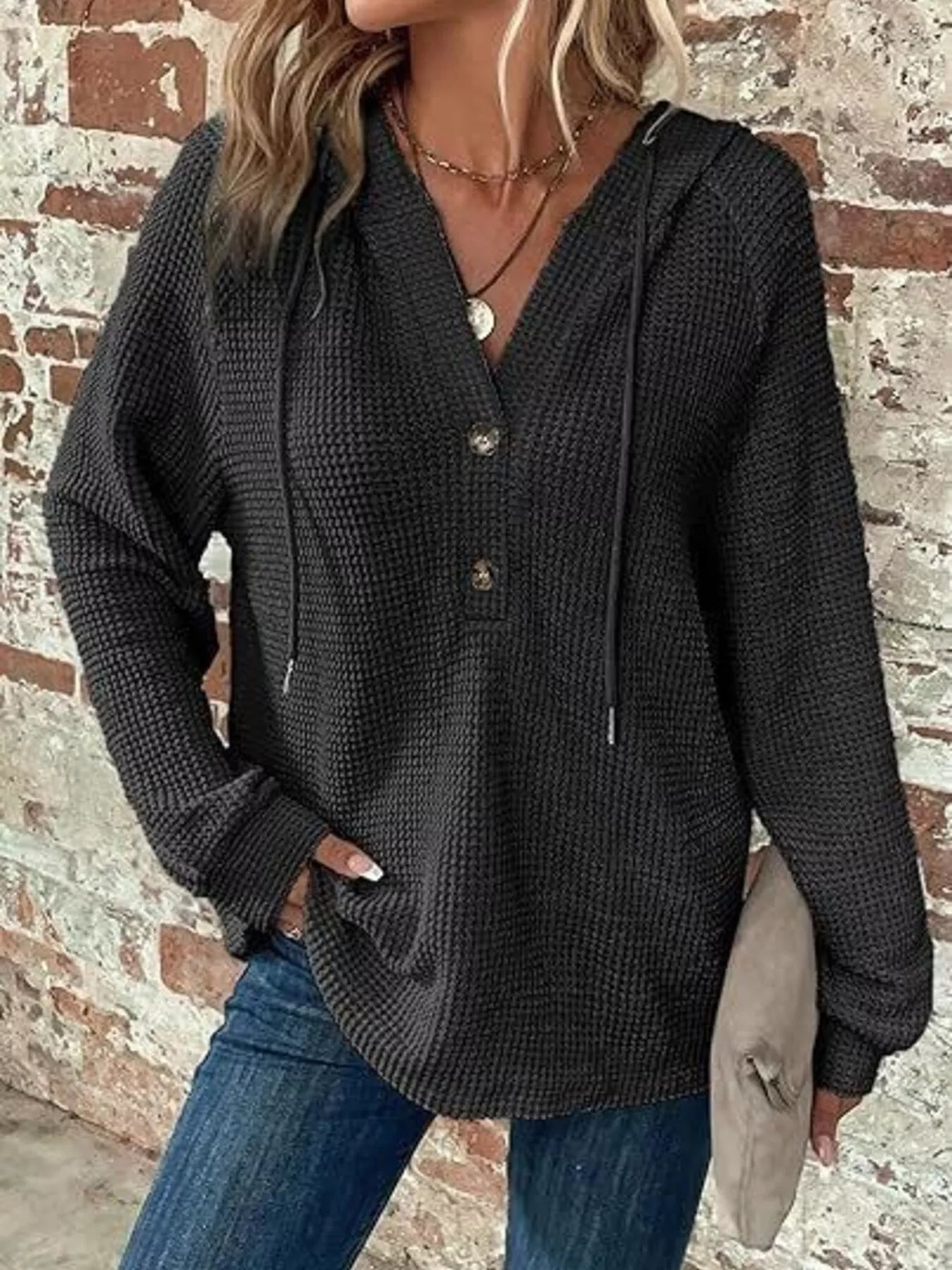 Trendsi Full Size Waffle Knit Half-Button Hoodie Plus Size -