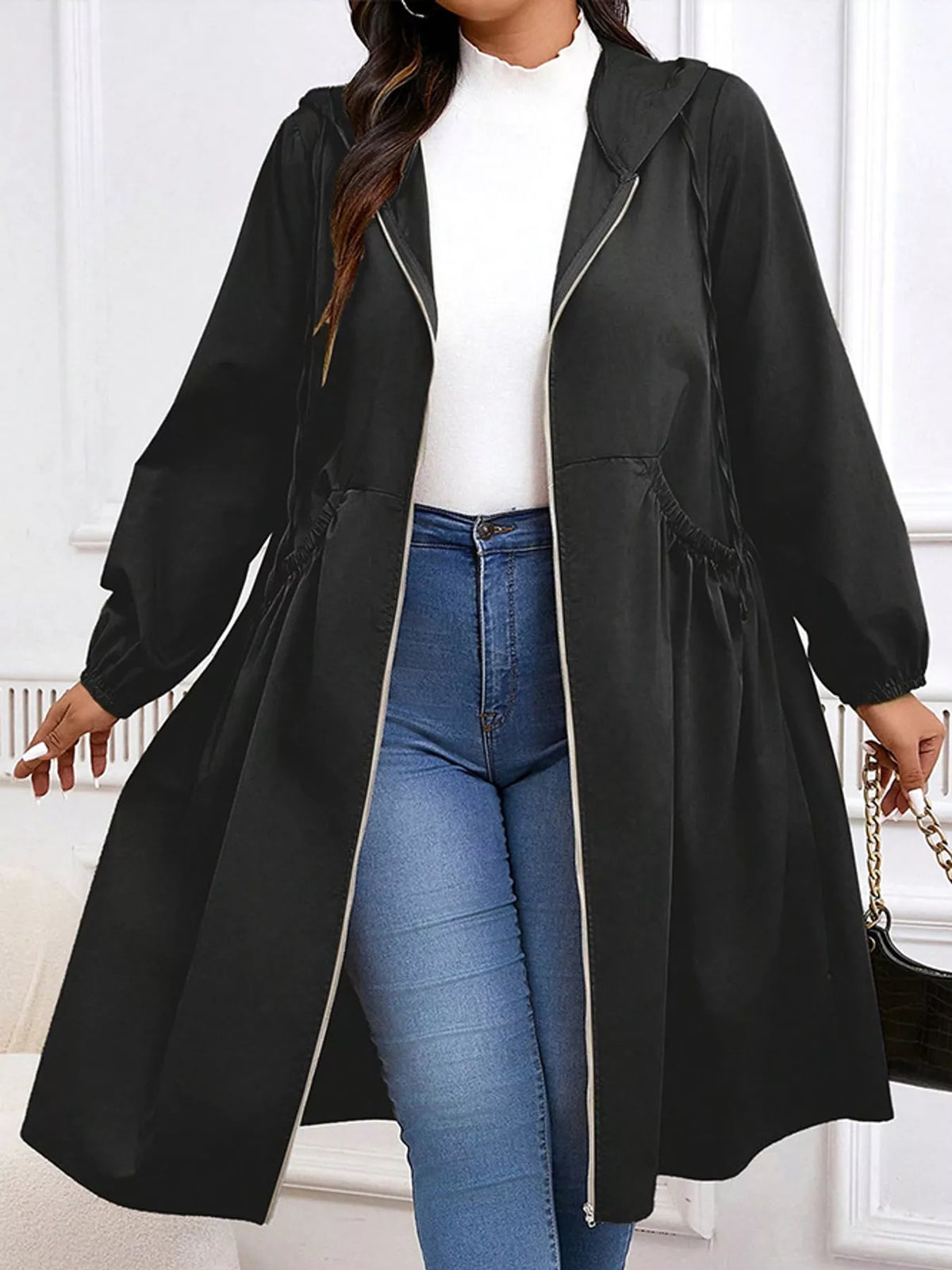 Hooded longline jacket, black front