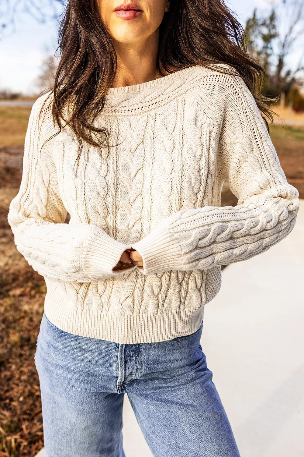 Trendsi Drop Shoulder Round Neck Cable Knit Sweater -
