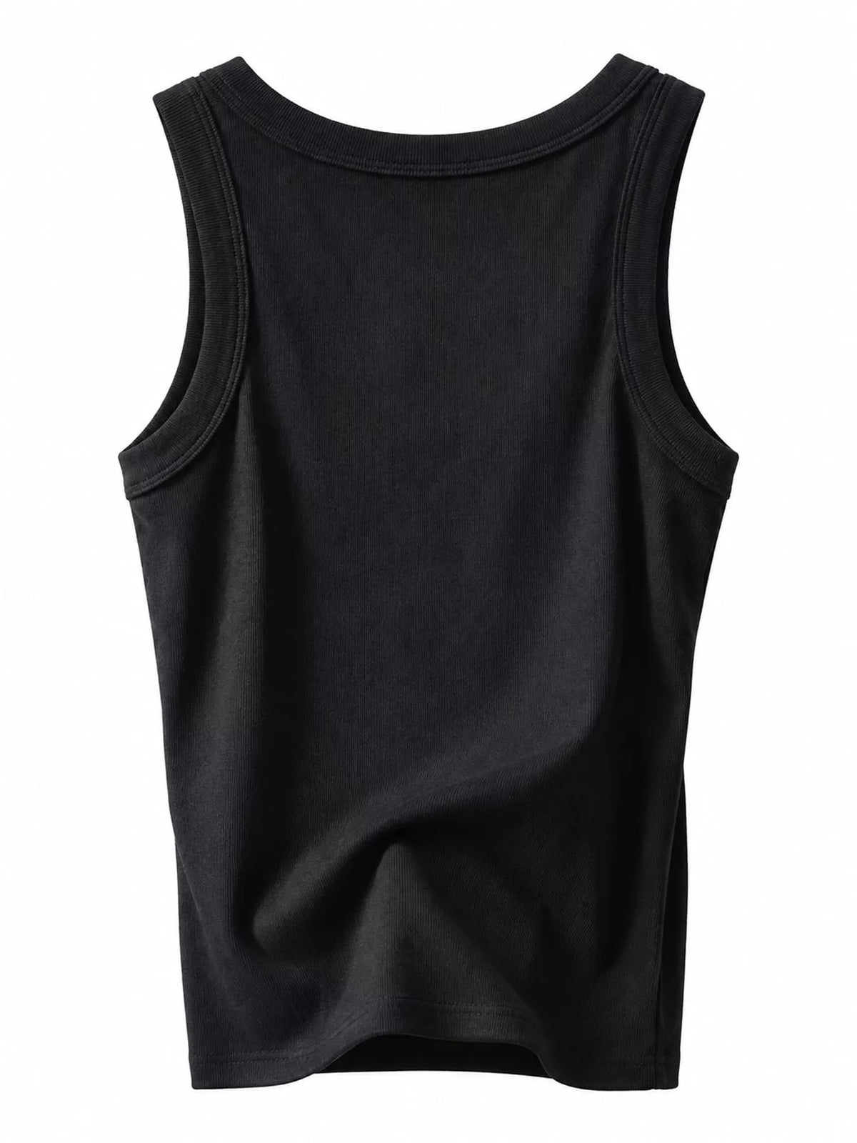 Black scoop neck tank top, back view