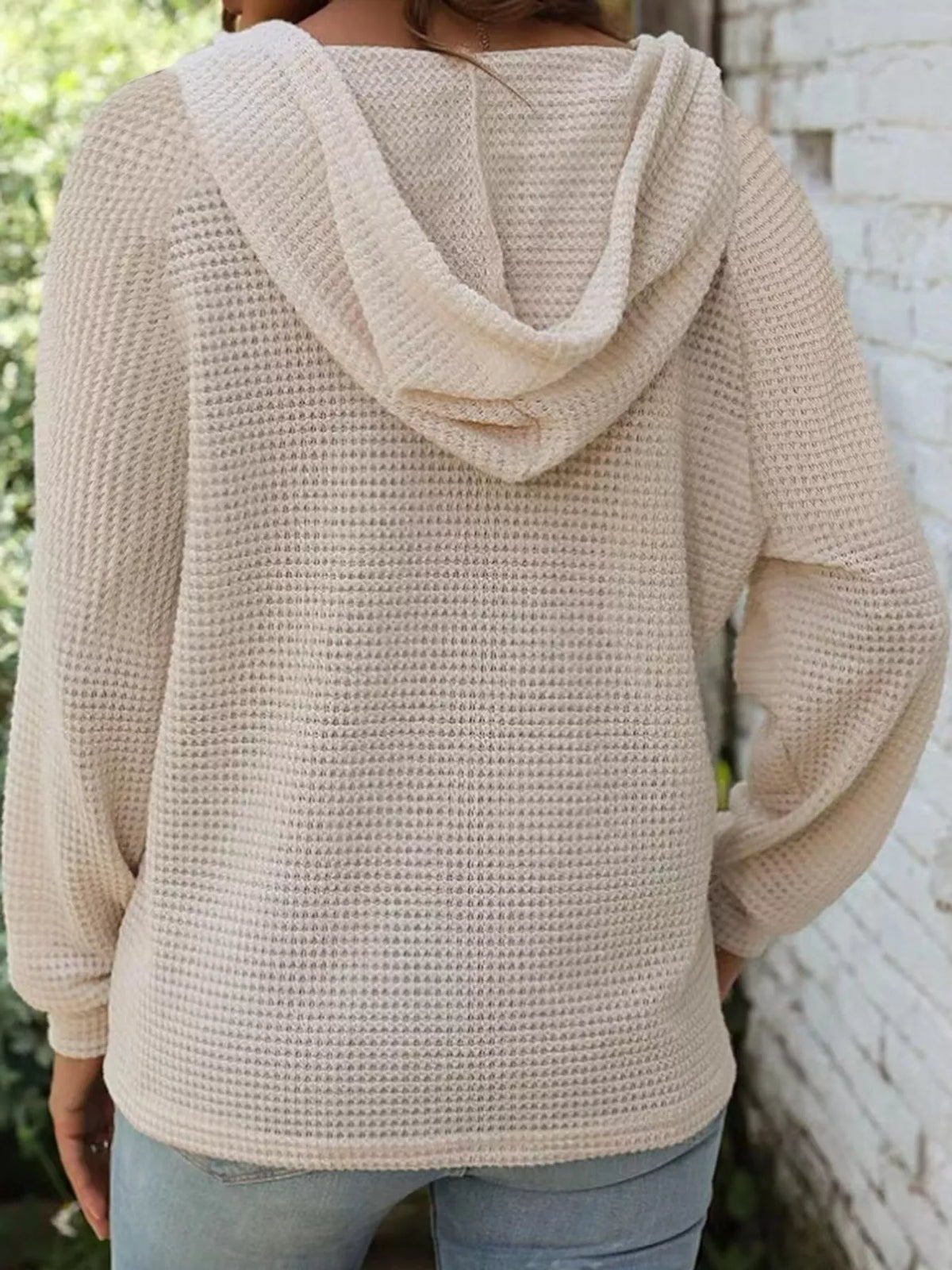 Beige waffle knit button-detail hoodie, back view