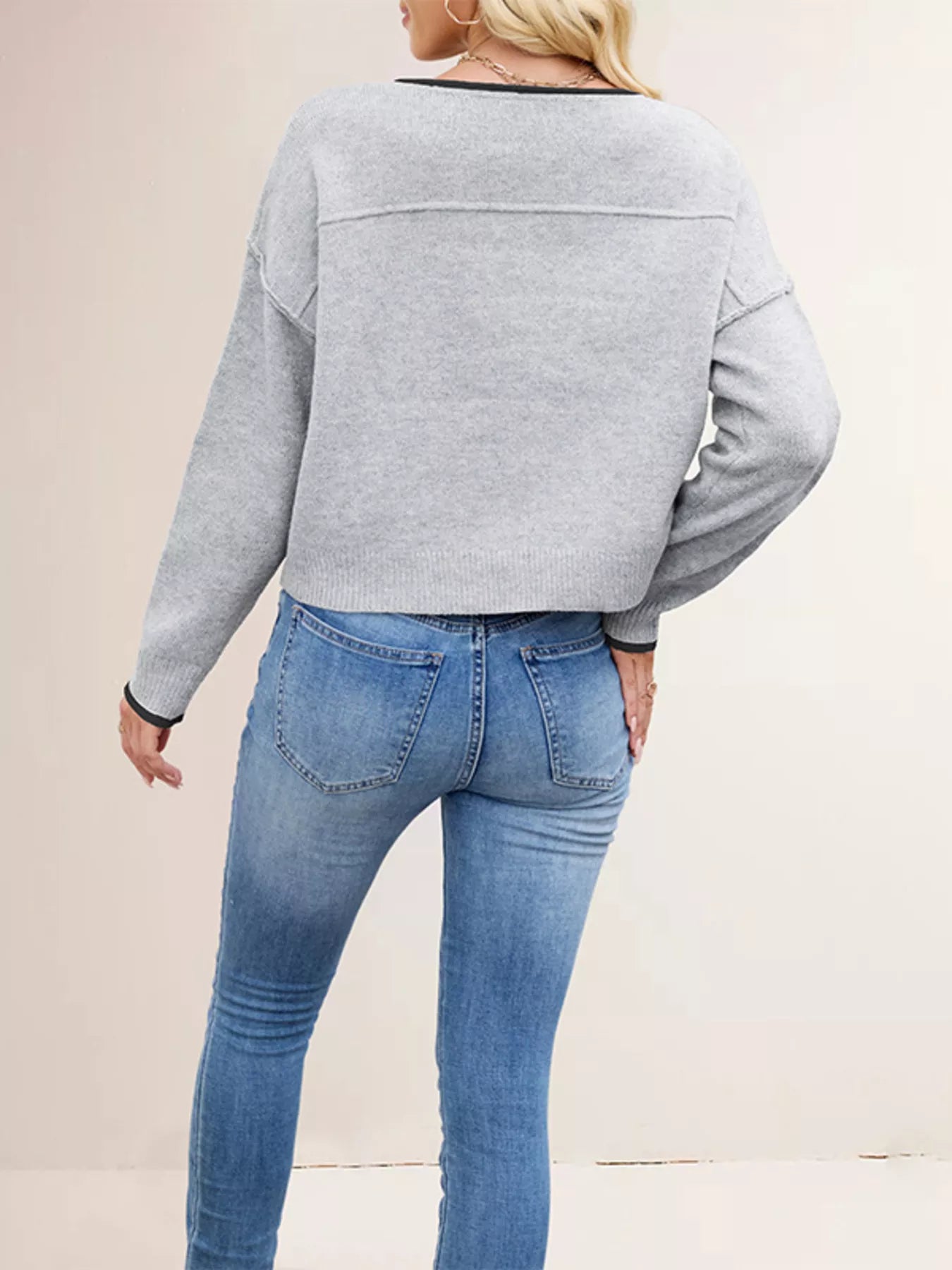 Trendsi Contrast Trim Dropped Shoulder Sweater -
