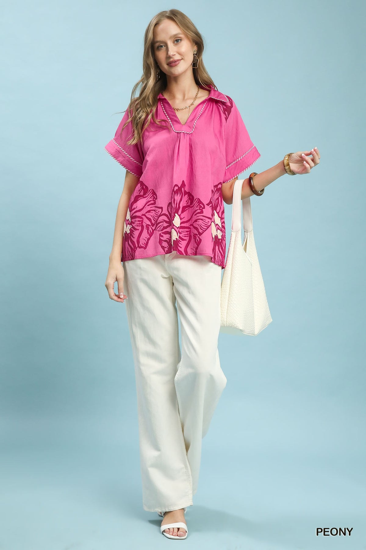 Women's Floral Split-Neck Short Sleeve Rayon Blend Top — product view 4