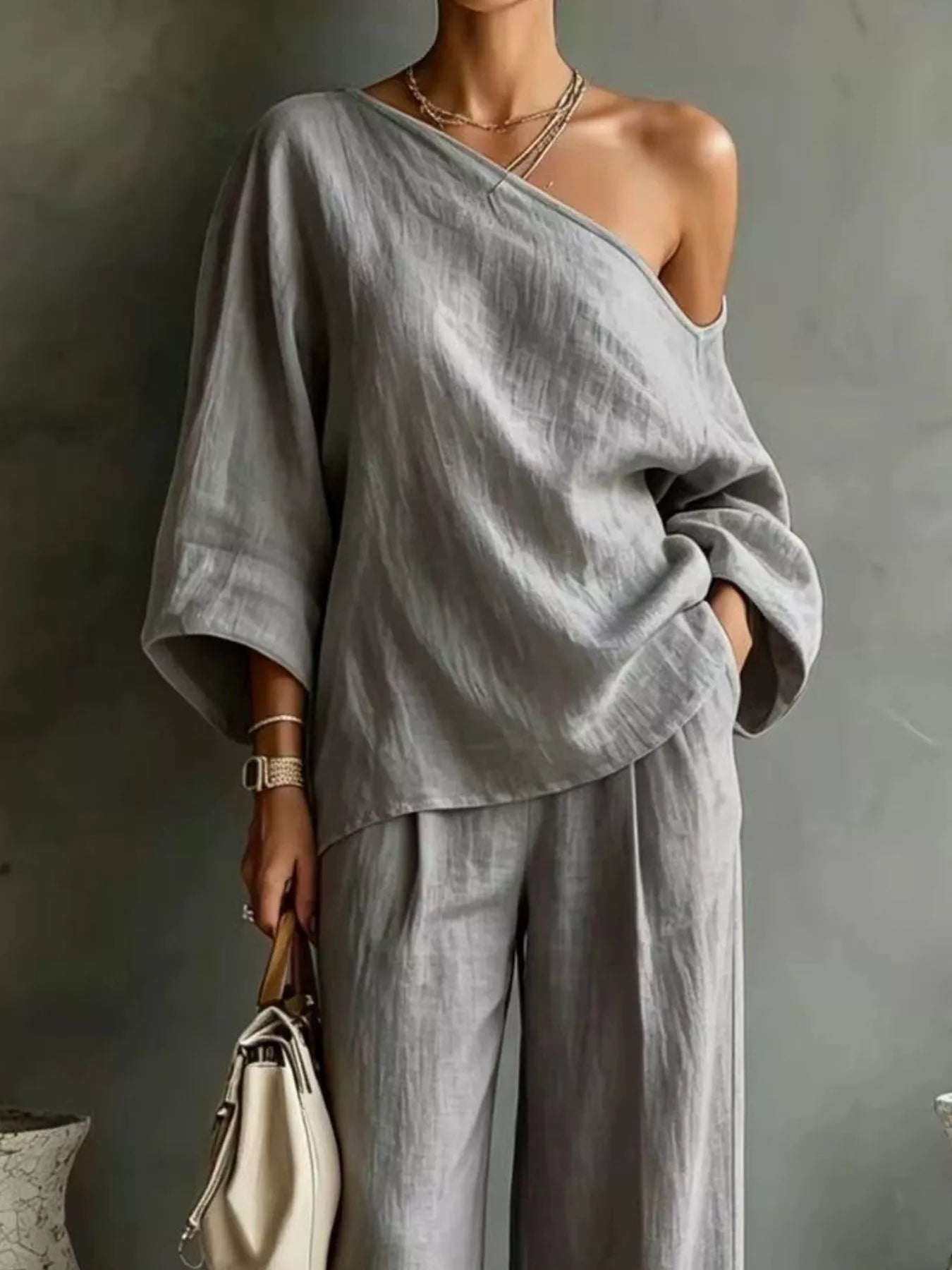 Trendsi One Shoulder Top and Wide Leg Pants Set -