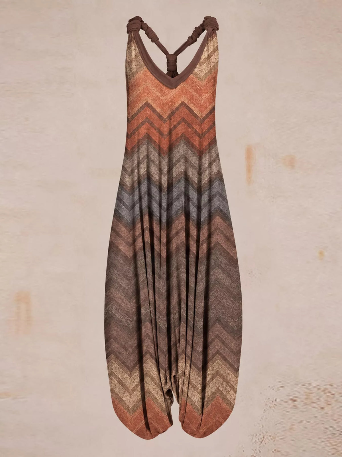 Rust chevron-print V-neck sleeveless jumpsuit