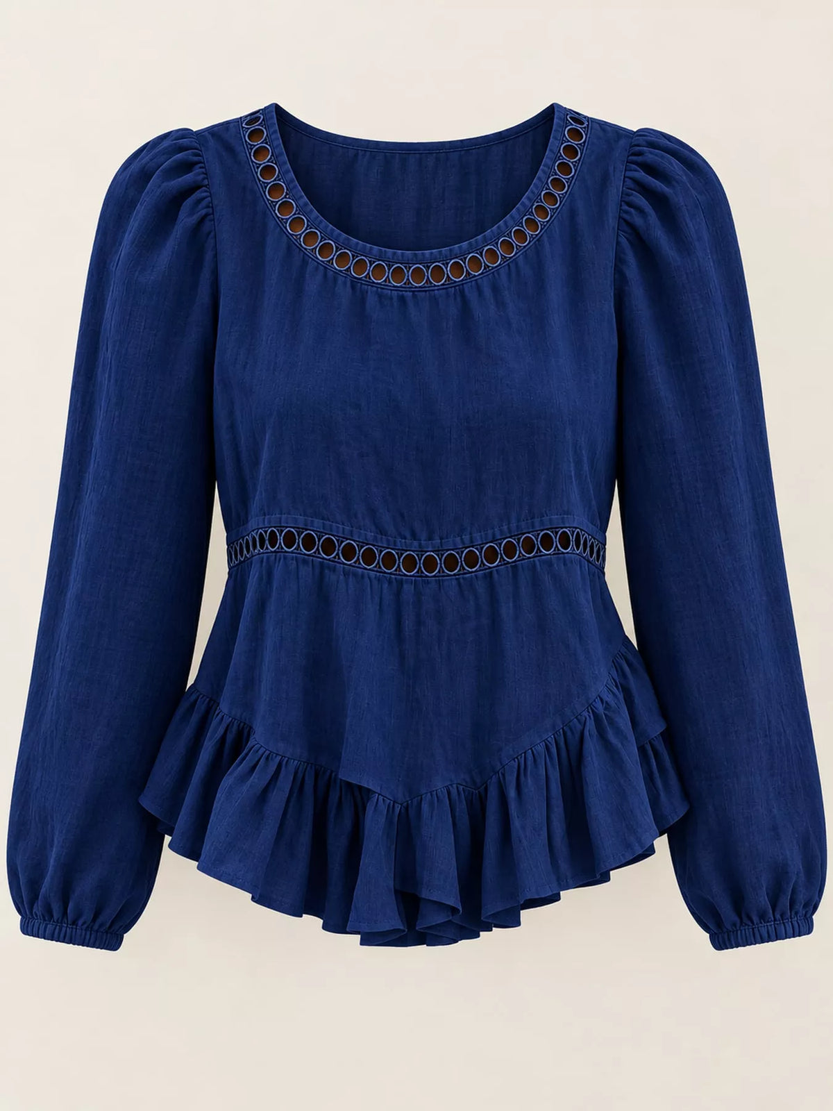 Women's Long Sleeve Blouse with Eyelet Lace Trim and Ruffled Hem in navy — flat lay view