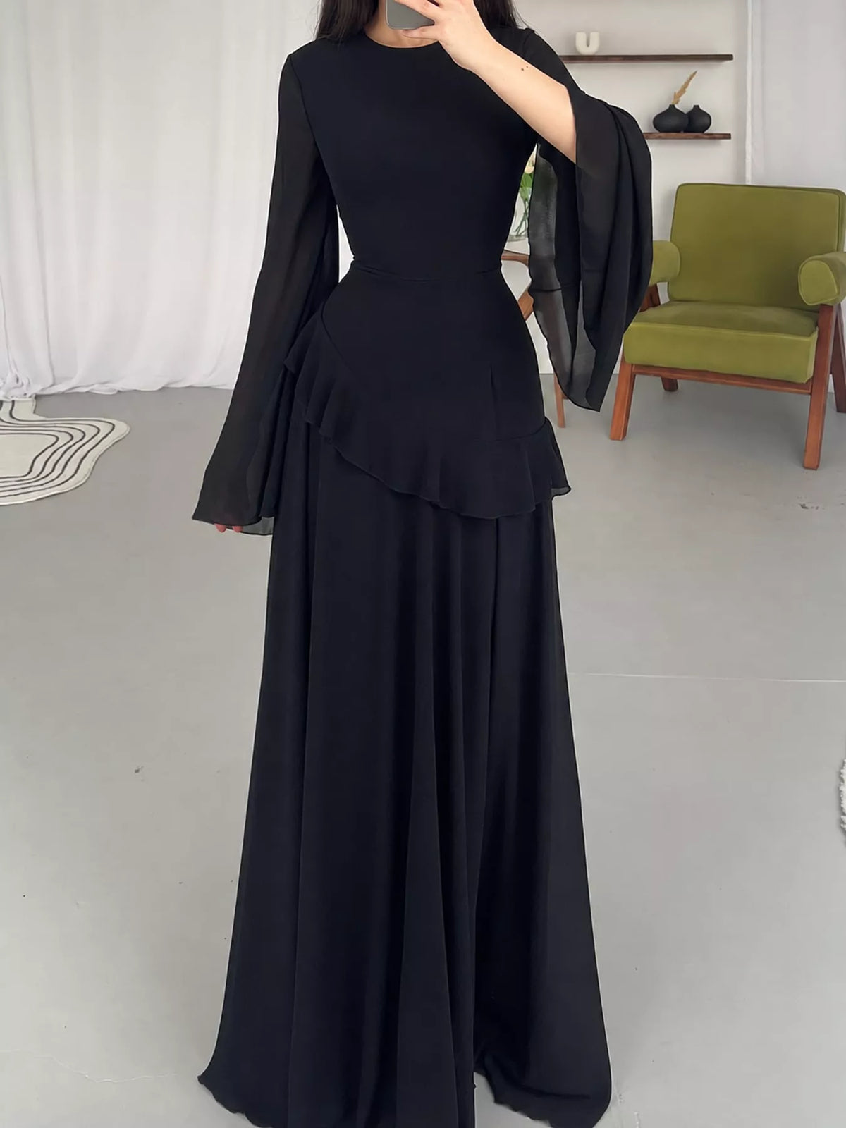 Black ruffled flare sleeve maxi dress, front view
