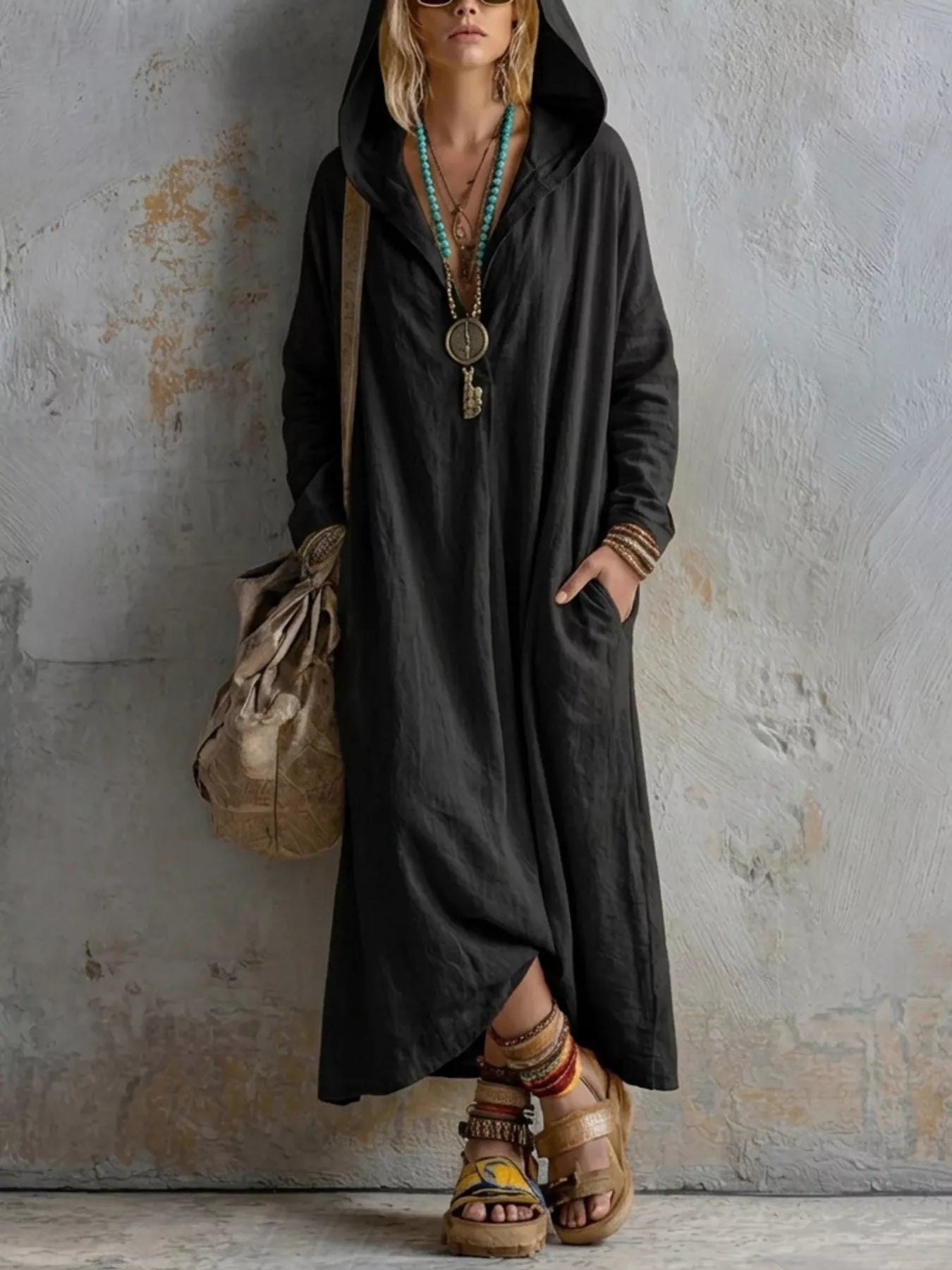 Trendsi Long Sleeve Hooded Midi Dress with Pockets -