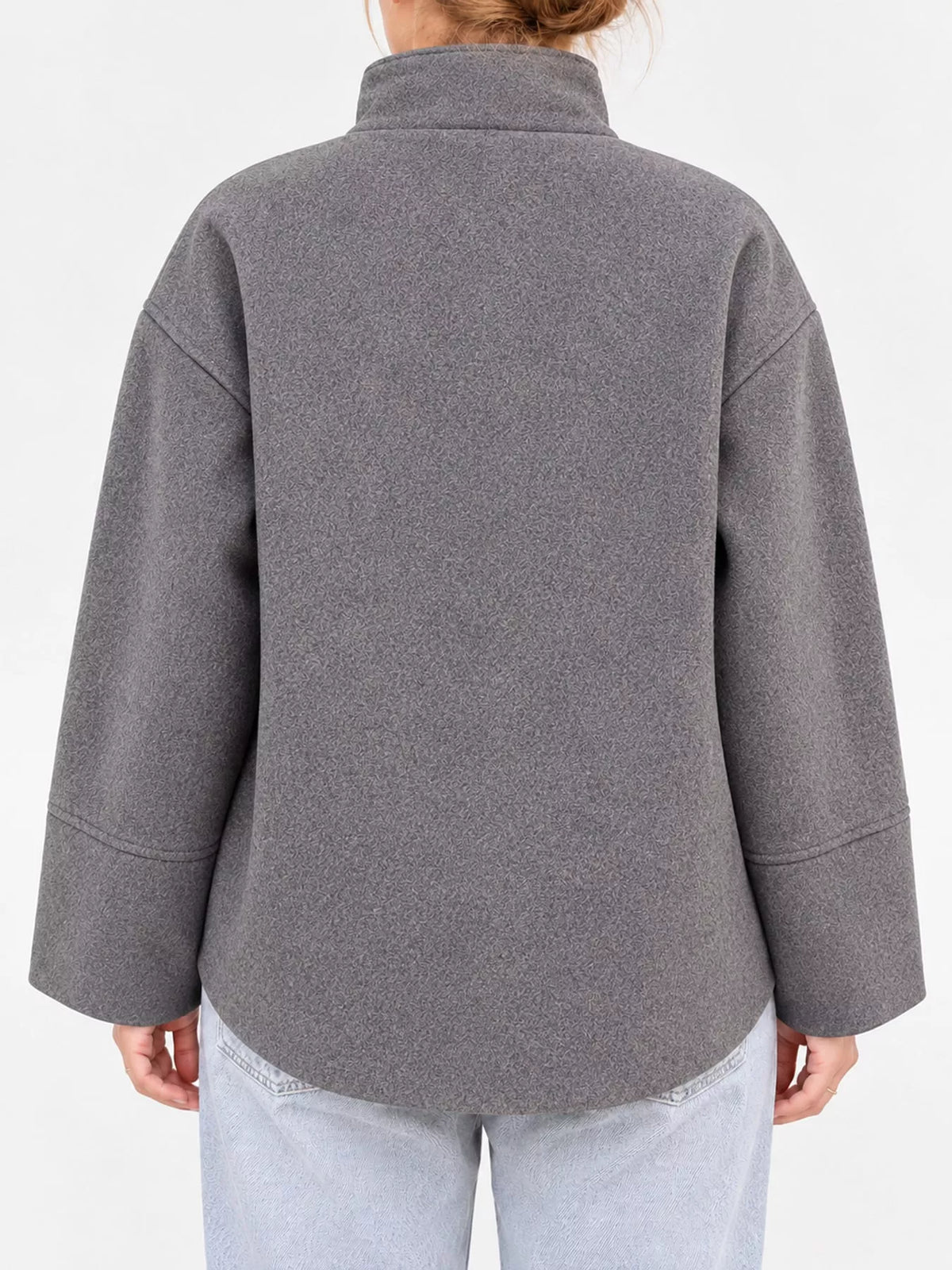 Gray stand-collar button-up jacket, back view
