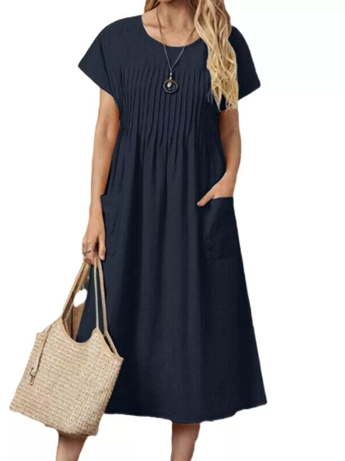 Pleated Midi Dress with Pockets in navy blue