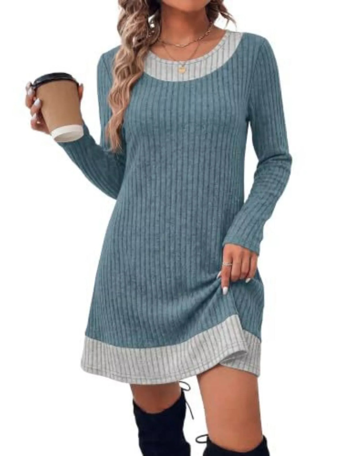 Round neck long sleeve mini dress, front view on model