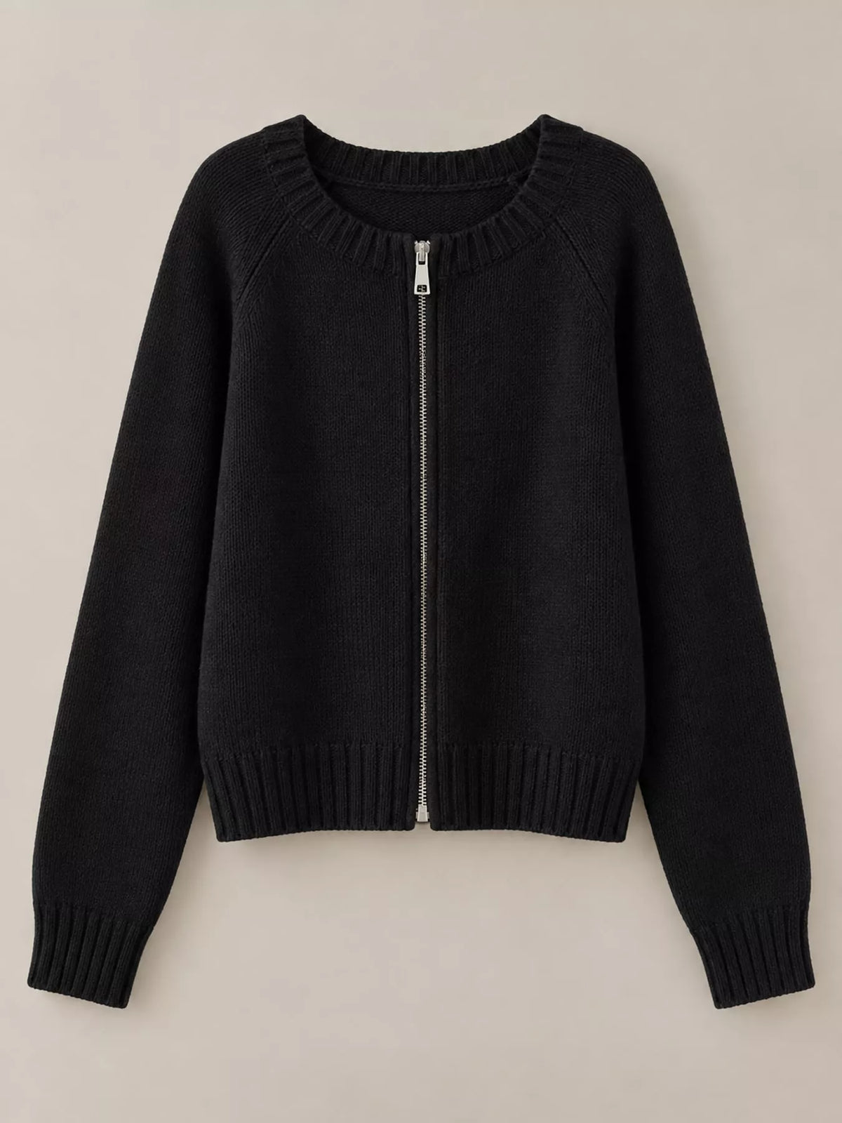 Ribbed-hem cardigan, black flat front
